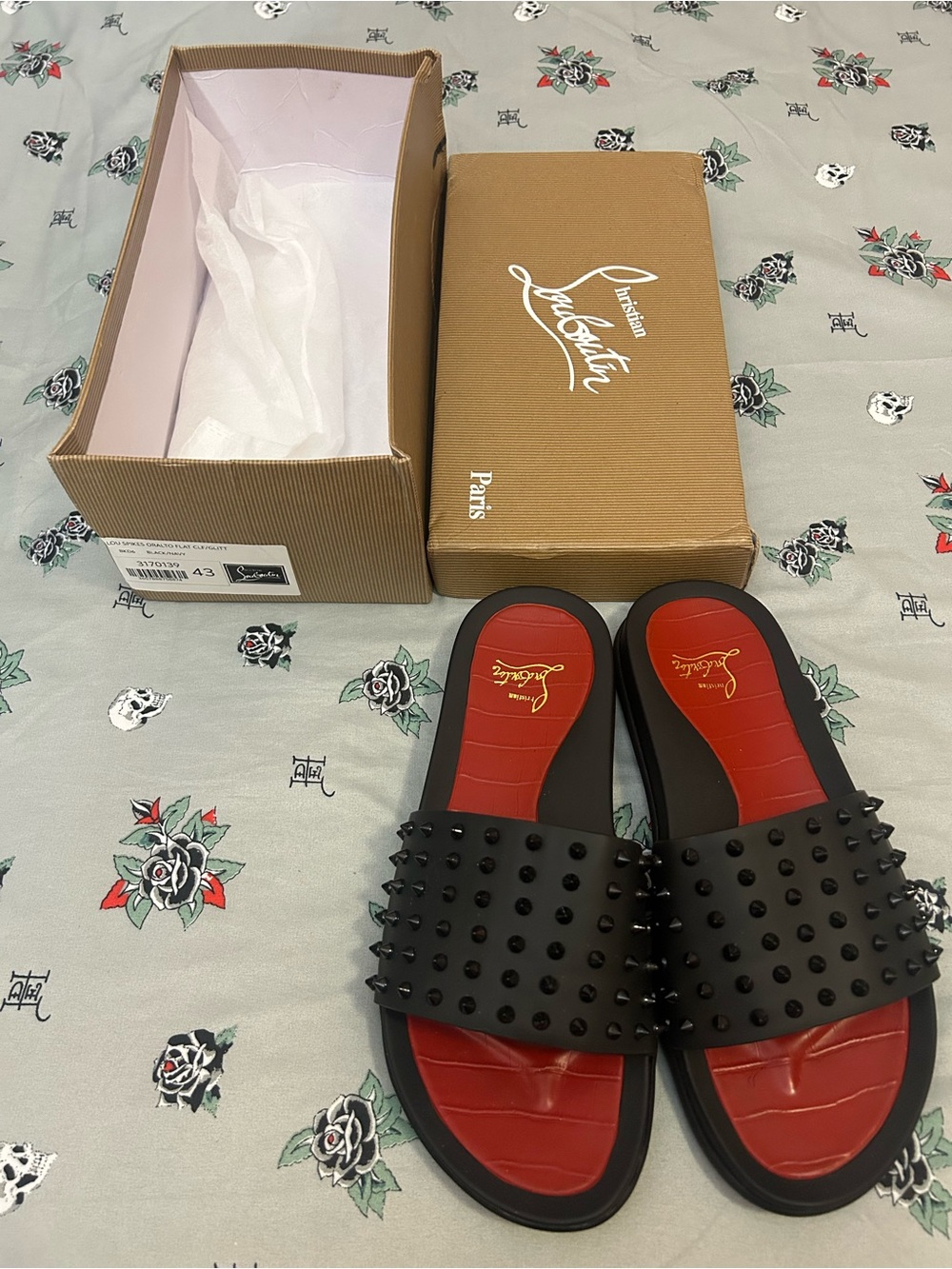 Christian Louboutin Black Studded Slide Sandals with Red Insole